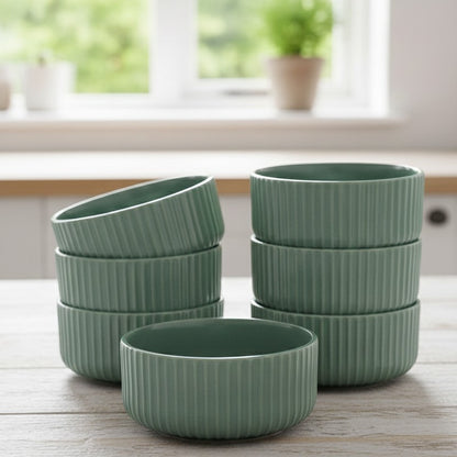 6-inch ribbed bluish ceramic dining bowls, set of 6.