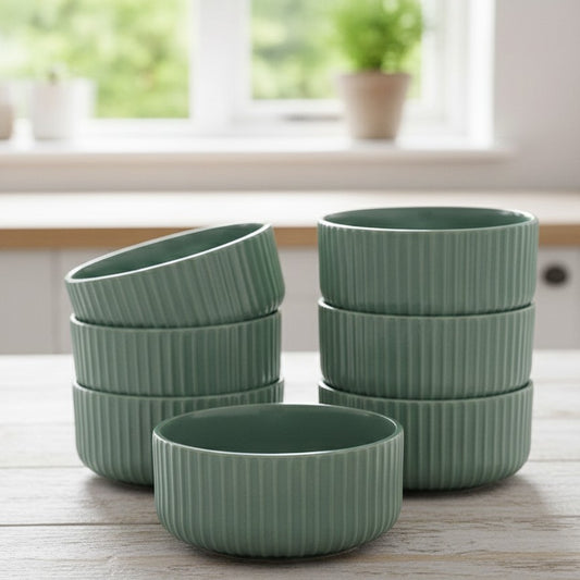 6-inch ribbed bluish ceramic dining bowls, set of 6.