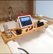 Wooden bathroom shower organizer for storing essentials and enhancing modern bathroom décor.