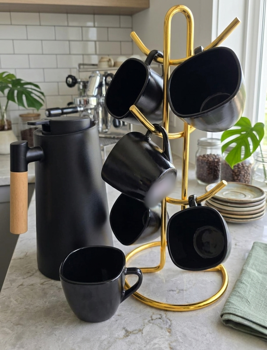 7-Piece tea set with flask and six black ceramic cups