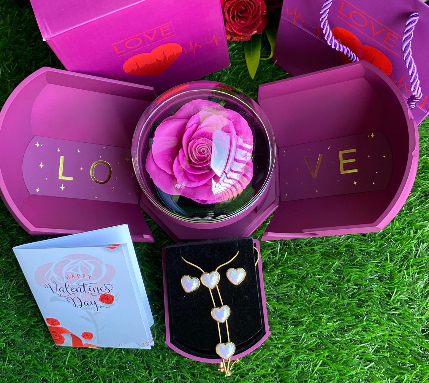 Fancy Valentines ladies gift set with love jewellery box, stainless steel necklace and earrings, gift bag, and greeting card