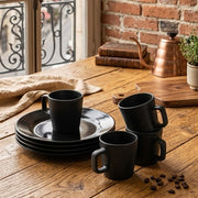 12 piece black ceramic dinner set with six plates and six cups for elegant dining.
