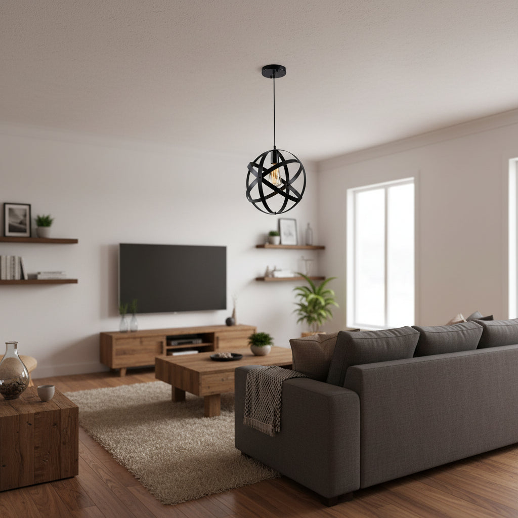Matte black industrial orb pendant light with crisscross metal design and visible bulb for stylish indoor lighting
