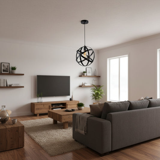 Matte black industrial orb pendant light with crisscross metal design and visible bulb for stylish indoor lighting