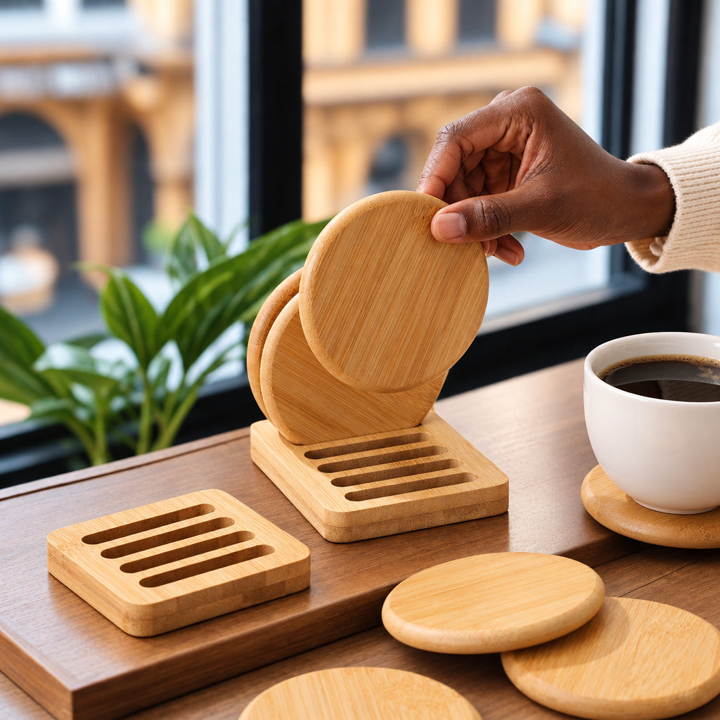 6Pcs Heavy Duty Bamboo Coaster Set with Holder Rack