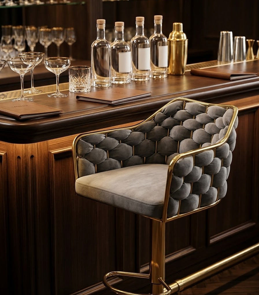 Gemelli Colllection modern bar stools with gold details upholstered counter stools luxury bar chairs blue black white grey brown seating furniture kitchen bar stool elegant gold frame high stool modern home and café seating counter height chair stylish upholstered bar chair contemporary interior furniture**