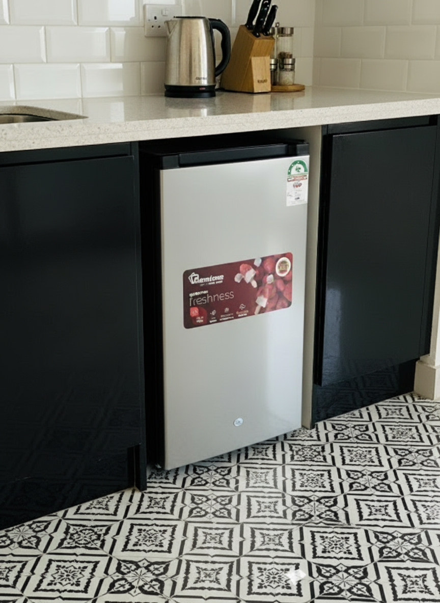 Inox 90l single door fridge with adjustable thermostat and lockable door