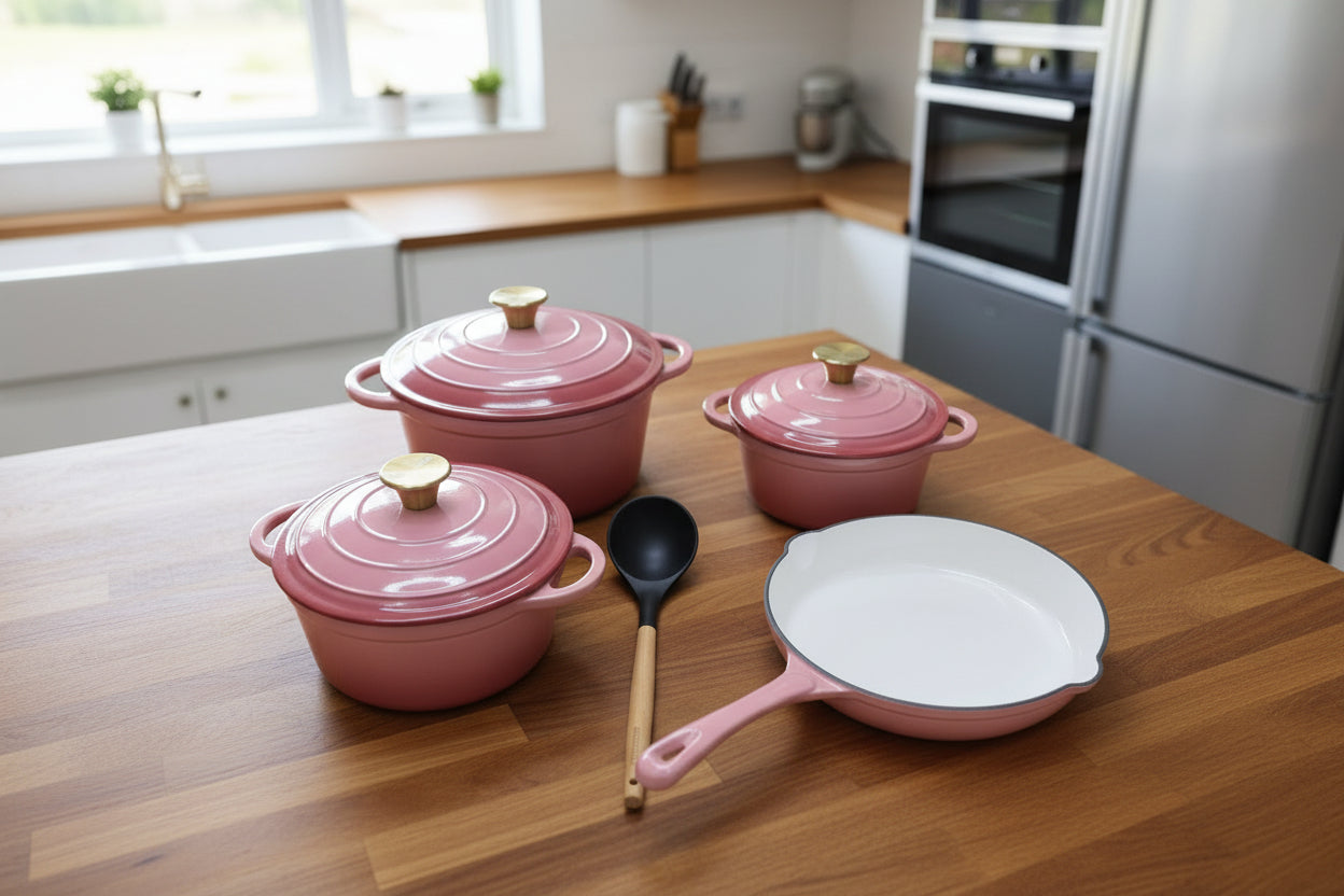 7-Piece enamel cast iron cookware set with milk pot, soup pot, casserole, frying pan, and free silicone spoon