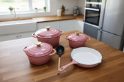 7-Piece enamel cast iron cookware set with milk pot, soup pot, casserole, frying pan, and free silicone spoon