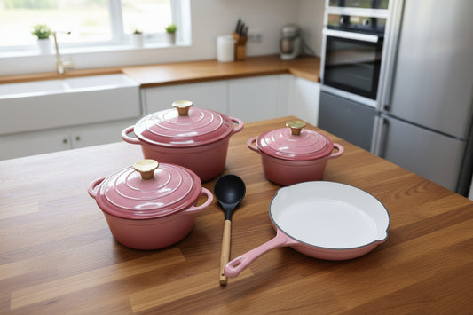 7-Piece enamel cast iron cookware set with milk pot, soup pot, casserole, frying pan, and free silicone spoon