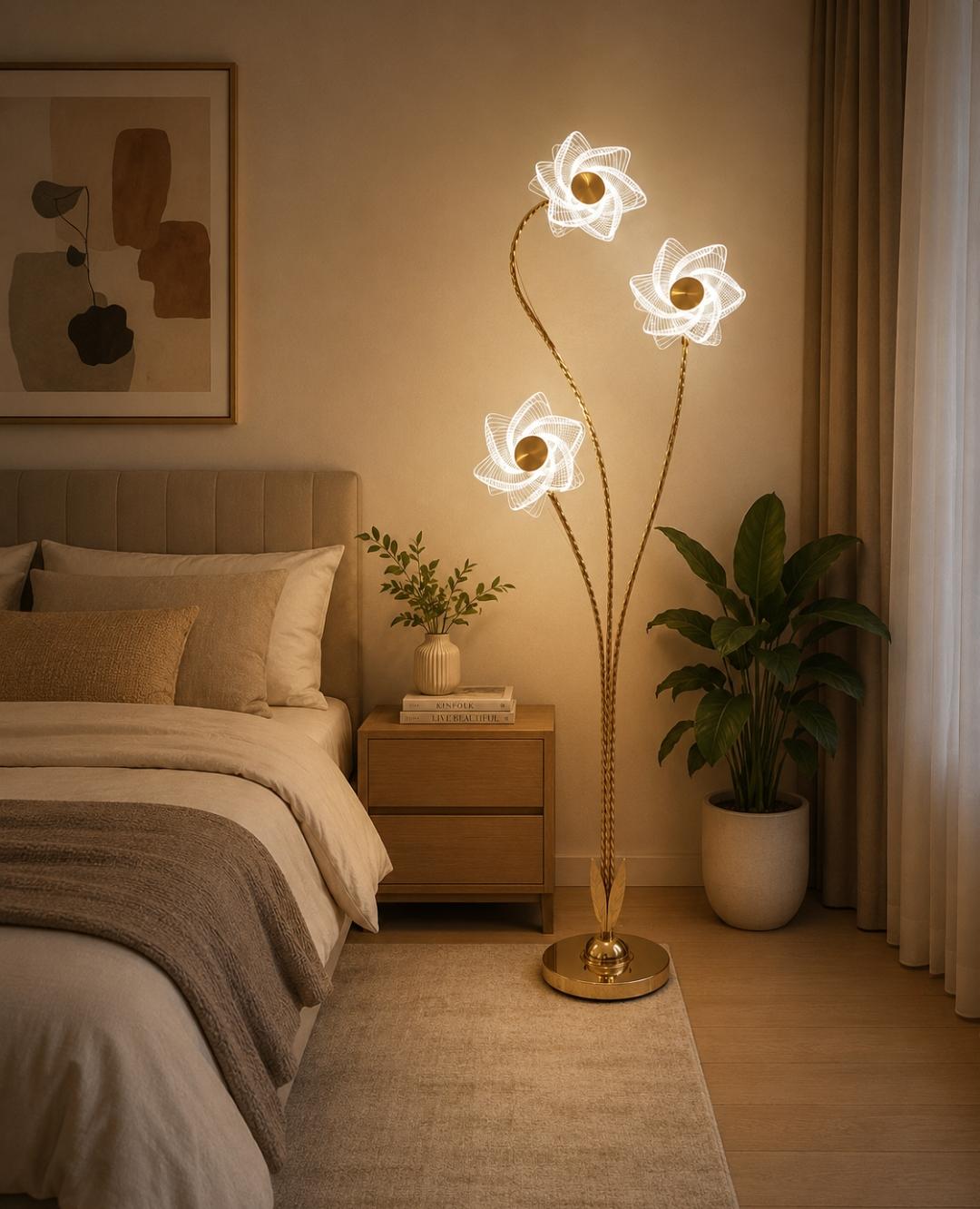 Modern three head flower themed floor lamp with light filtering acrylic petals for decorative indoor lighting.