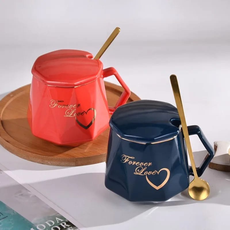 Diamond Shape Ceramic Cup Set With Lid and Spoon