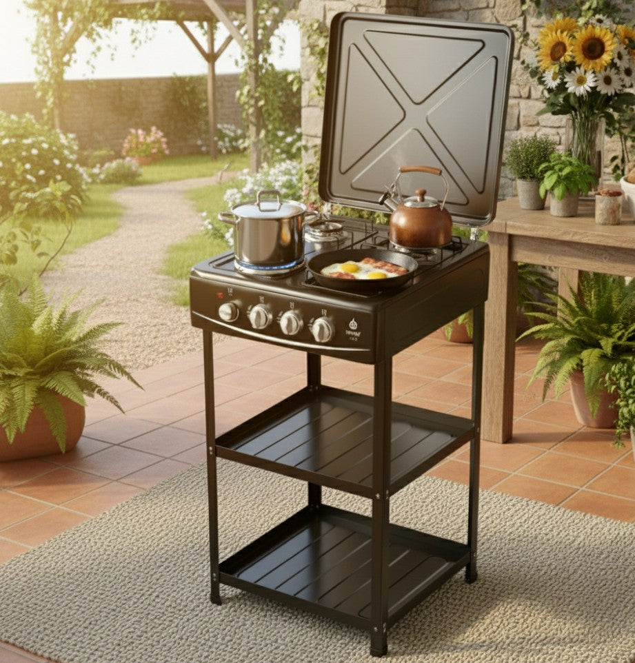 Nunix standing cooker with three gas burners, one electric plate, and storage shelves