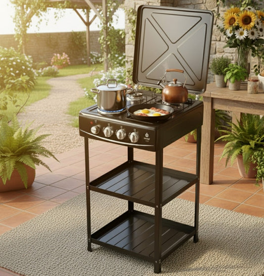Nunix standing cooker with three gas burners, one electric plate, and storage shelves