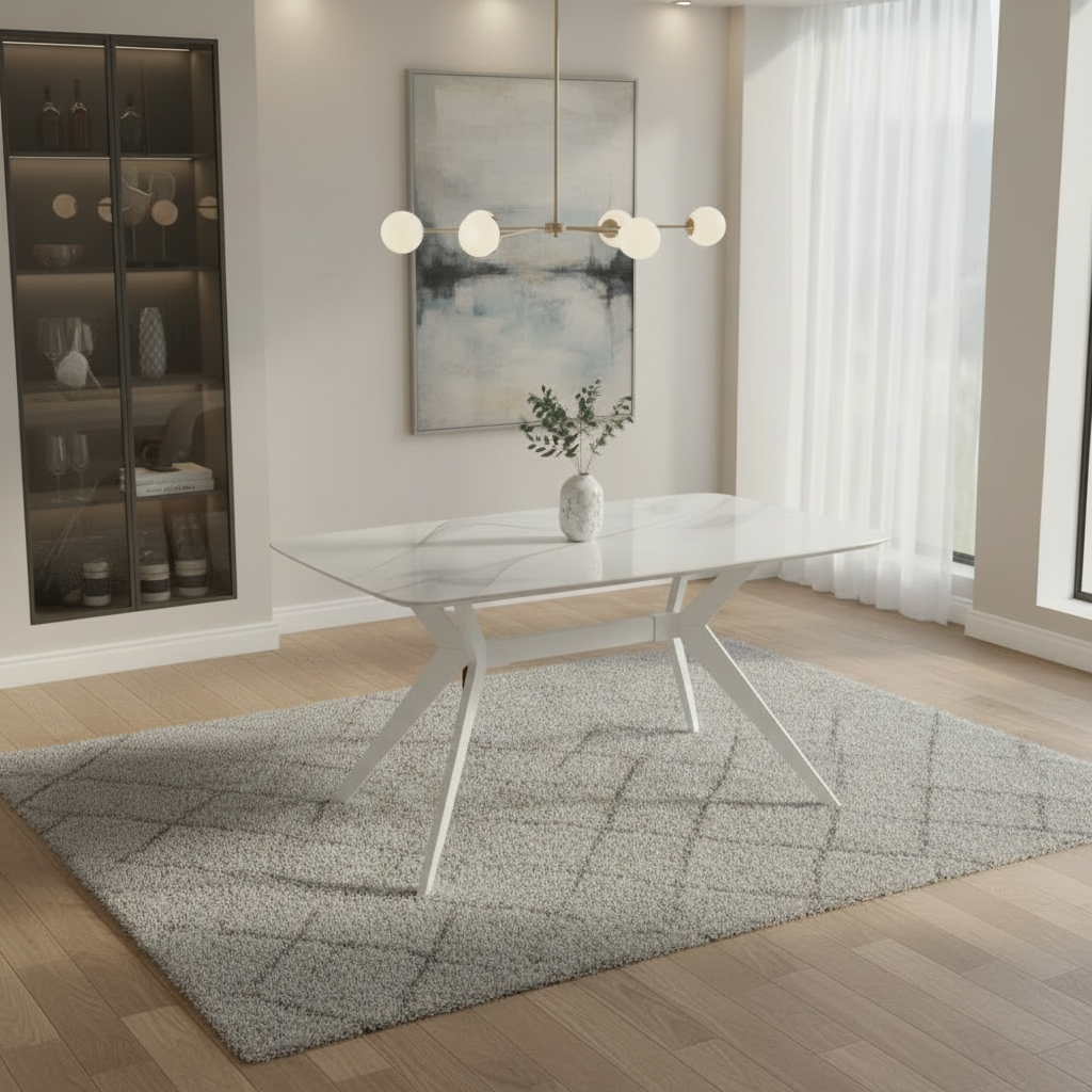 4 Seater Dining Set with White Marble-effect Table and Grey upholstered Chairs.