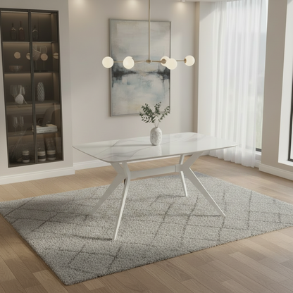 4 Seater Dining Set with White Marble-effect Table and Grey upholstered Chairs.