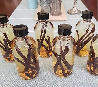 Set Of 5 Glass Gingershot Bottles With Black Lids And Funnel