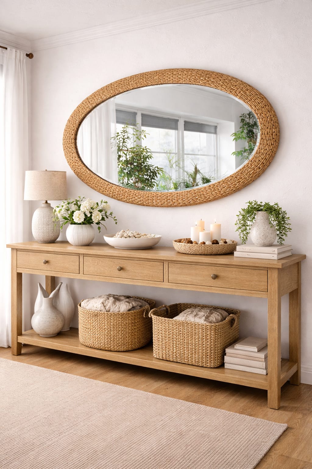 Large oval decorative mirror with rattan bamboo frame, 100 × 80 cm, modern and stylish home accent. 