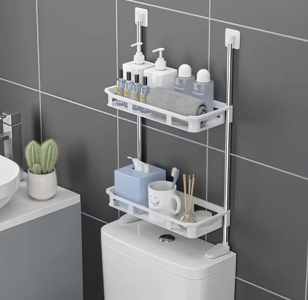 Two-layer no-drill multipurpose shelf for bathroom and home organization.