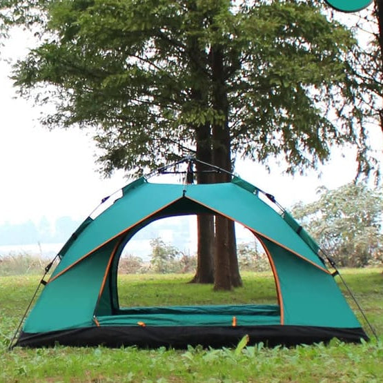 Dawood Lifestyle & Gadgets kes 1-2 person automatic camping tent in green with orange trim, waterproof pop-up dome tent with mesh ventilation and carry bag.