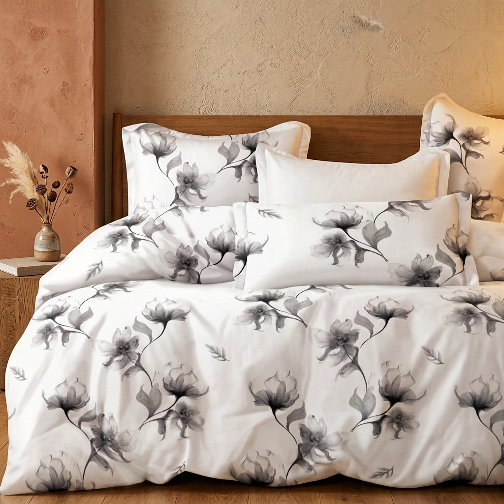 6 piece soft cotton duvet cover set including one duvet cover, one bedsheet, and four pillowcases, available in 6 × 7 ft and 7 × 8 ft sizes.