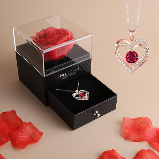 Heart shaped red rose necklace gift set with rose, necklace, card, and gift bag in elegant box
