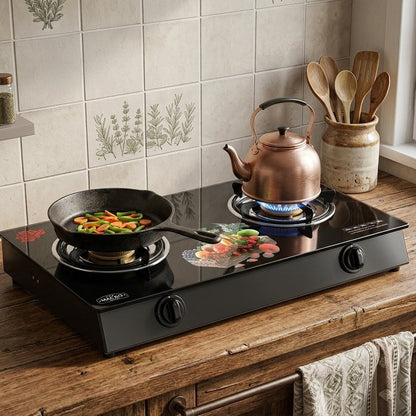 Macro GA-004 2 burner table top gas cooker with stylish glass top and modern compact design for home cooking. 