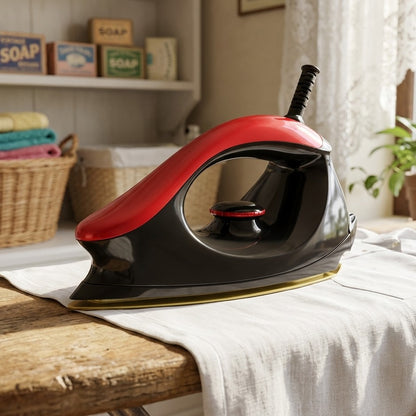 Bajaj Majesty One 1000W dry iron with Teflon coated soleplate and adjustable temperature control.