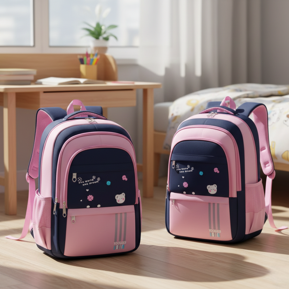 Waterproof children’s school backpack with astronaut design in black, pink, and green