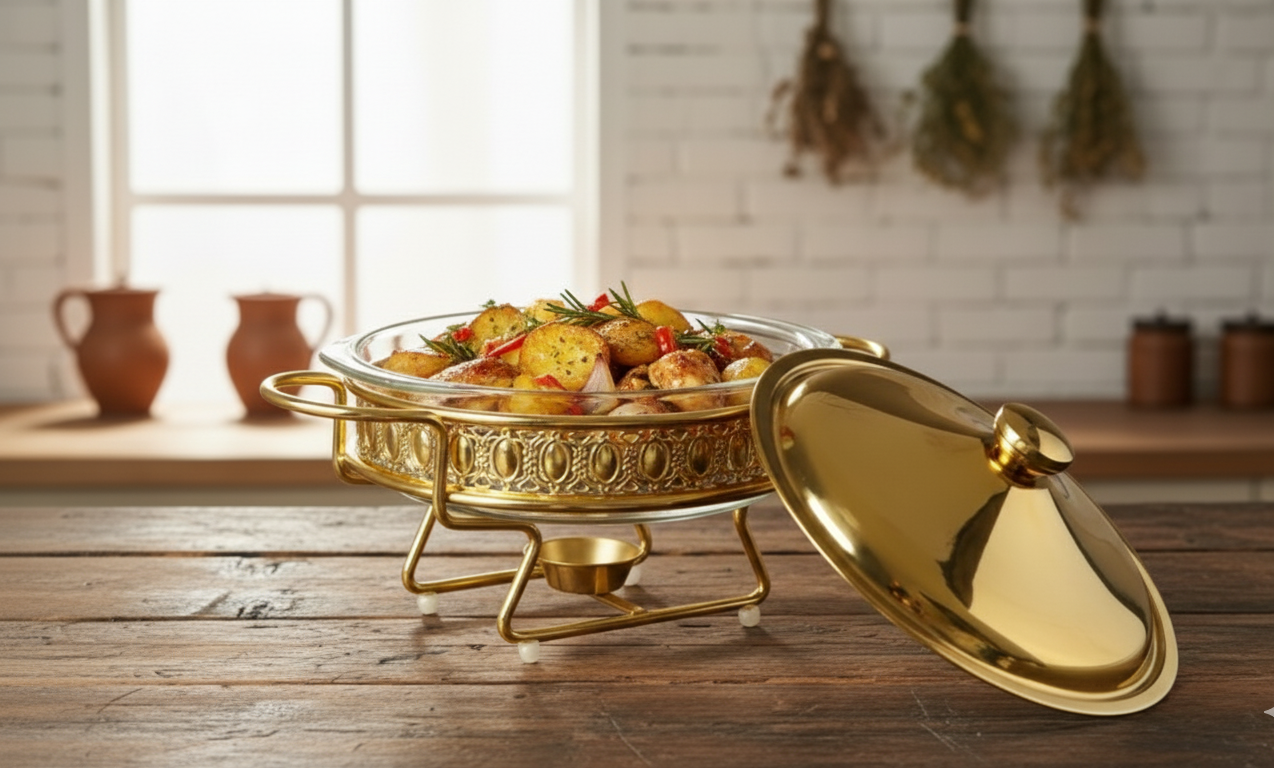 Glass and steel gold chafing dish with 2-liter capacity for parties and buffets