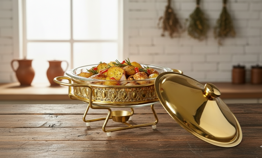 Glass and steel gold chafing dish with 2-liter capacity for parties and buffets