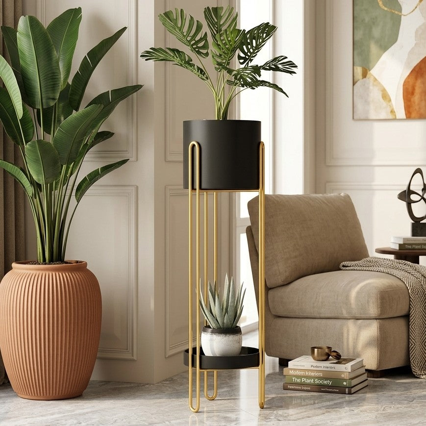 Modern gold metal plant stand with two tier design, indoor decorative plant holder for home décor. 