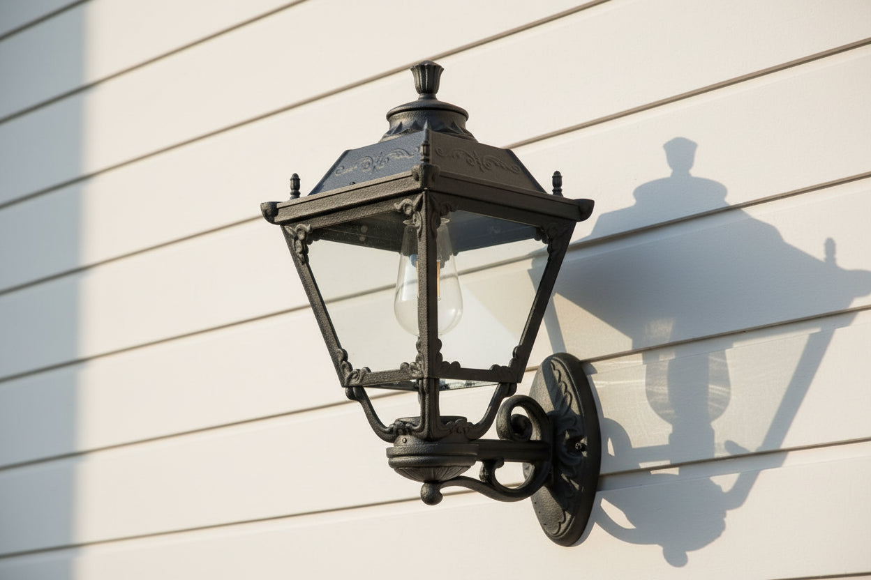 Black outdoor wall light with E27 socket, modern IP44 weatherproof fixture for garden and exterior lighting