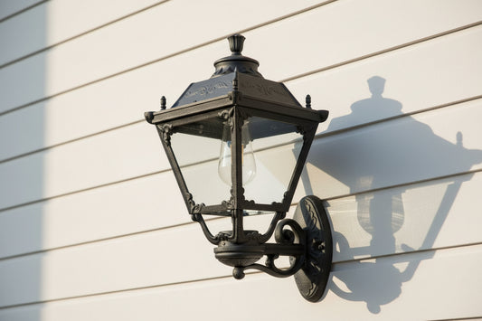Black outdoor wall light with E27 socket, modern IP44 weatherproof fixture for garden and exterior lighting