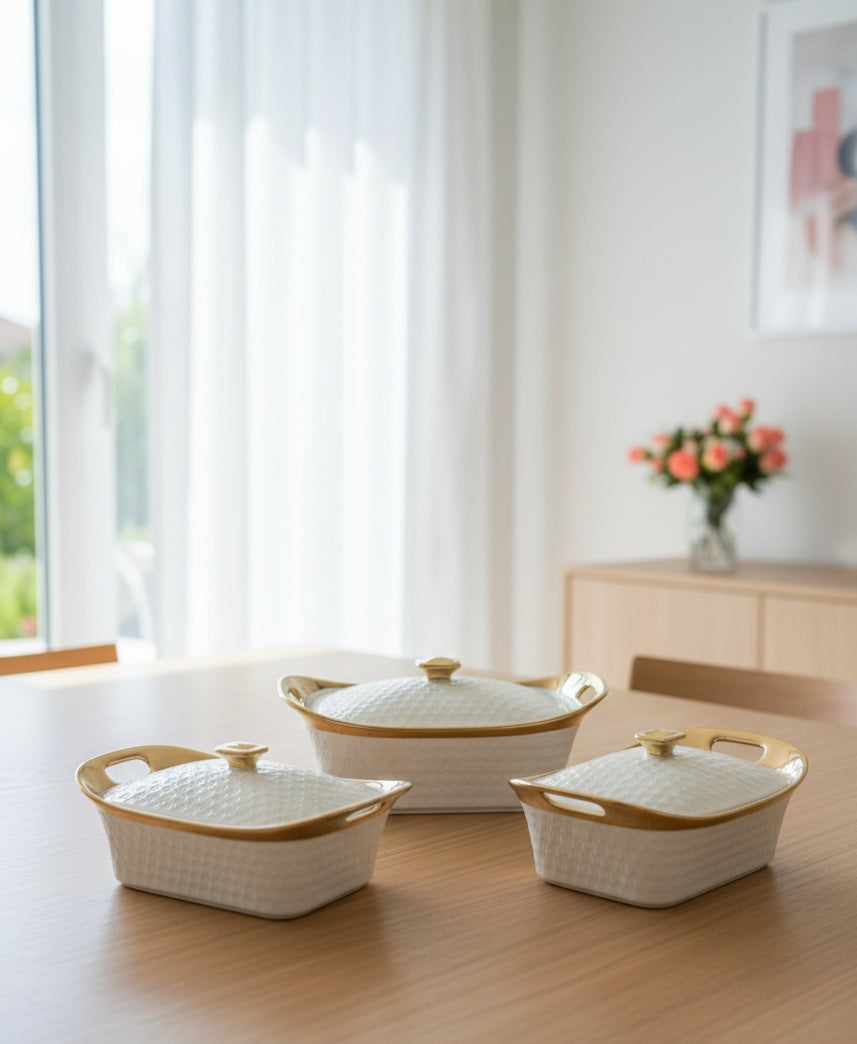 Three 12.5-inch serving dishes with 3-liter capacity each.