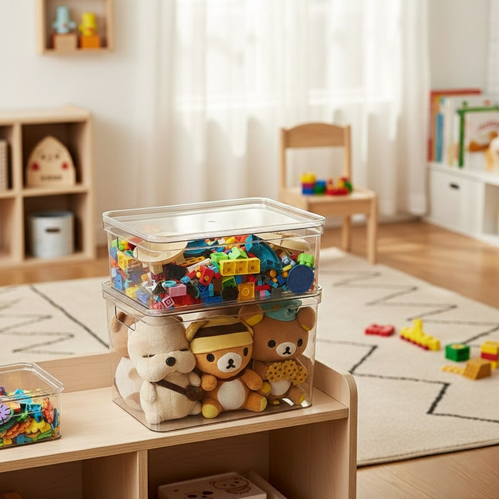 Clear acrylic storage containers with side handle holes, small and large sizes available.