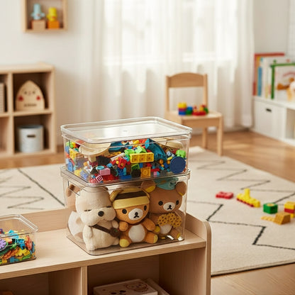 Clear acrylic storage containers with side handle holes, small and large sizes available.