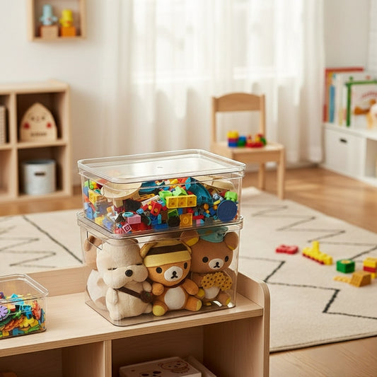 Clear acrylic storage containers with side handle holes, small and large sizes available.