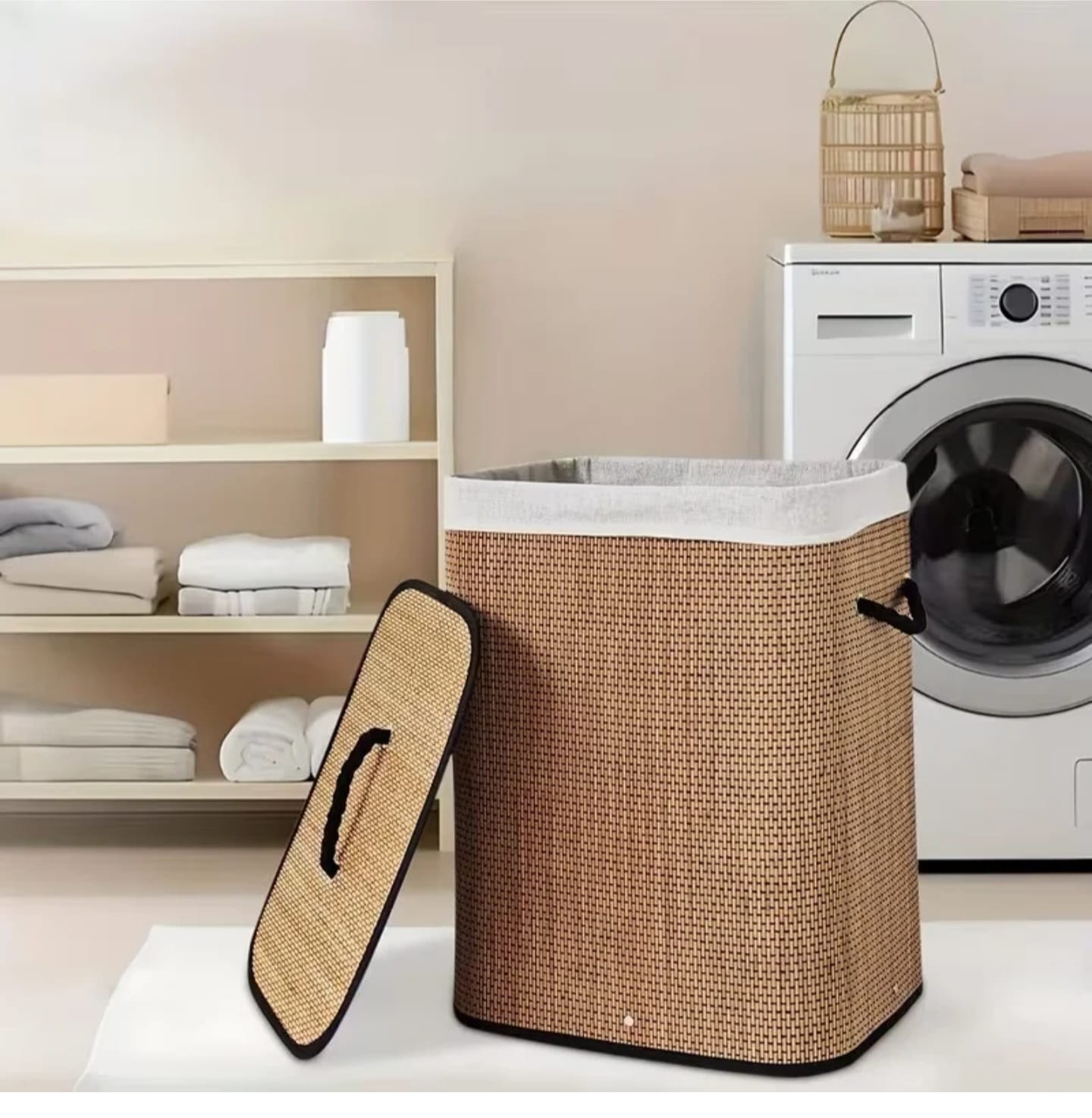 Customised bamboo woven laundry basket with collapsible body and lid