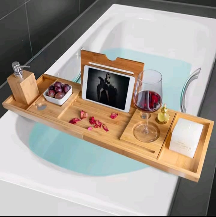 Expandable bamboo bathtub caddy tray with stands and compartments