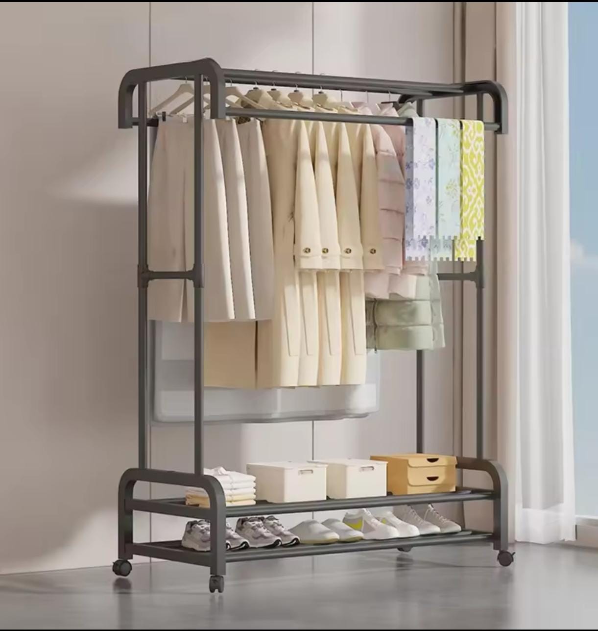 Double Pole Wheeled Clothes Drying Rack with Shoe Rack