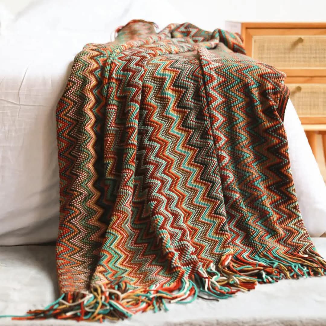 Boho Chenille Knit Throw Blanket with Tassels