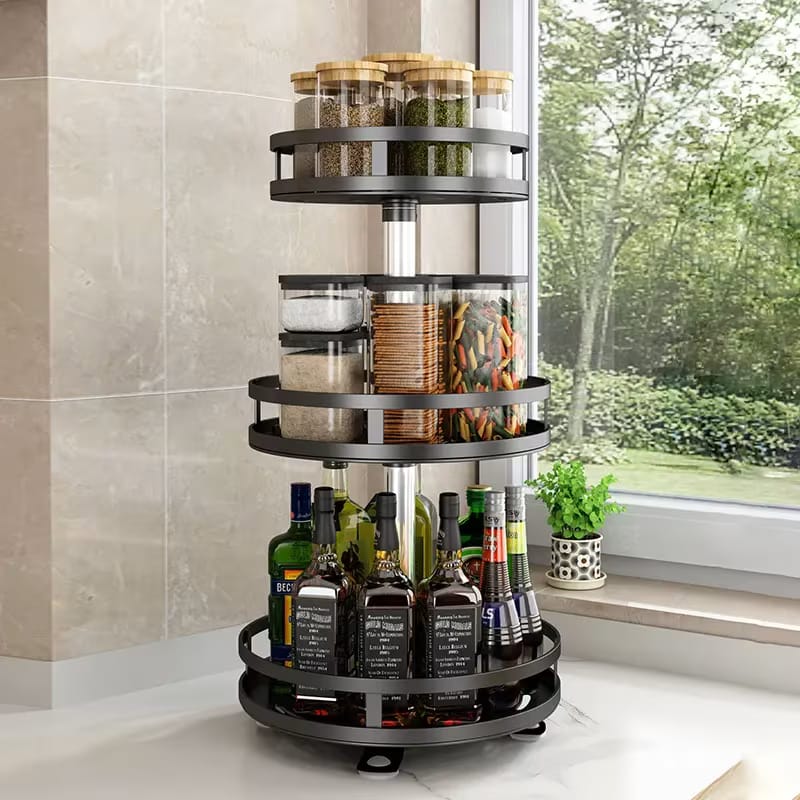 Multifunctional kitchen storage rack with multiple tiers for utensils, spices, and cookware, designed to save space and organize kitchen essentials.