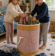 Foldable bamboo laundry basket measuring 50 × 30 × 40 cm for storing laundry, towels, blankets, and household essentials.