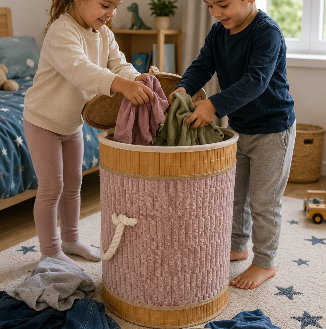 Foldable bamboo laundry basket measuring 50 × 30 × 40 cm for storing laundry, towels, blankets, and household essentials.