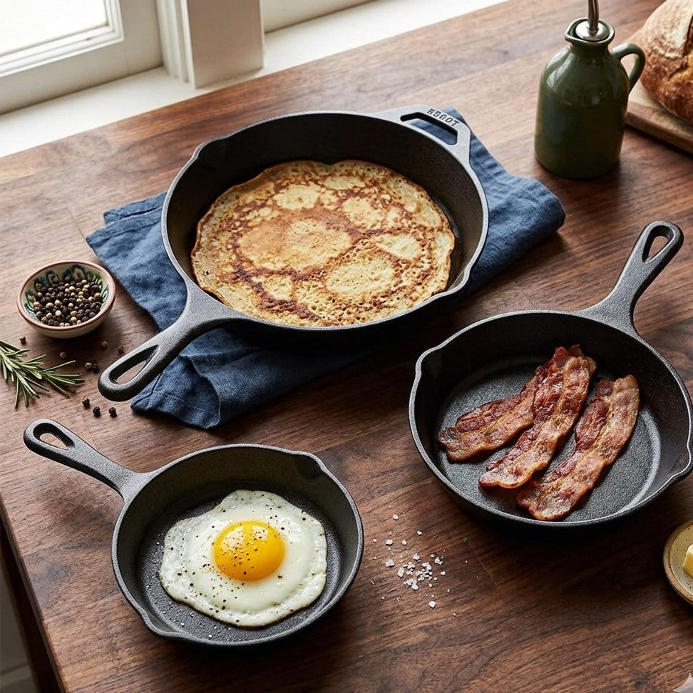 3pcs non-stick skillet set in 7, 9, and 11 inch sizes for frying and everyday cooking. 