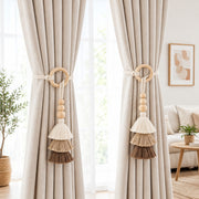 Decorative Ring Curtain Tieback with Layered Fan Shaped Tassels in Neutral Tones and Wooden Beads 
