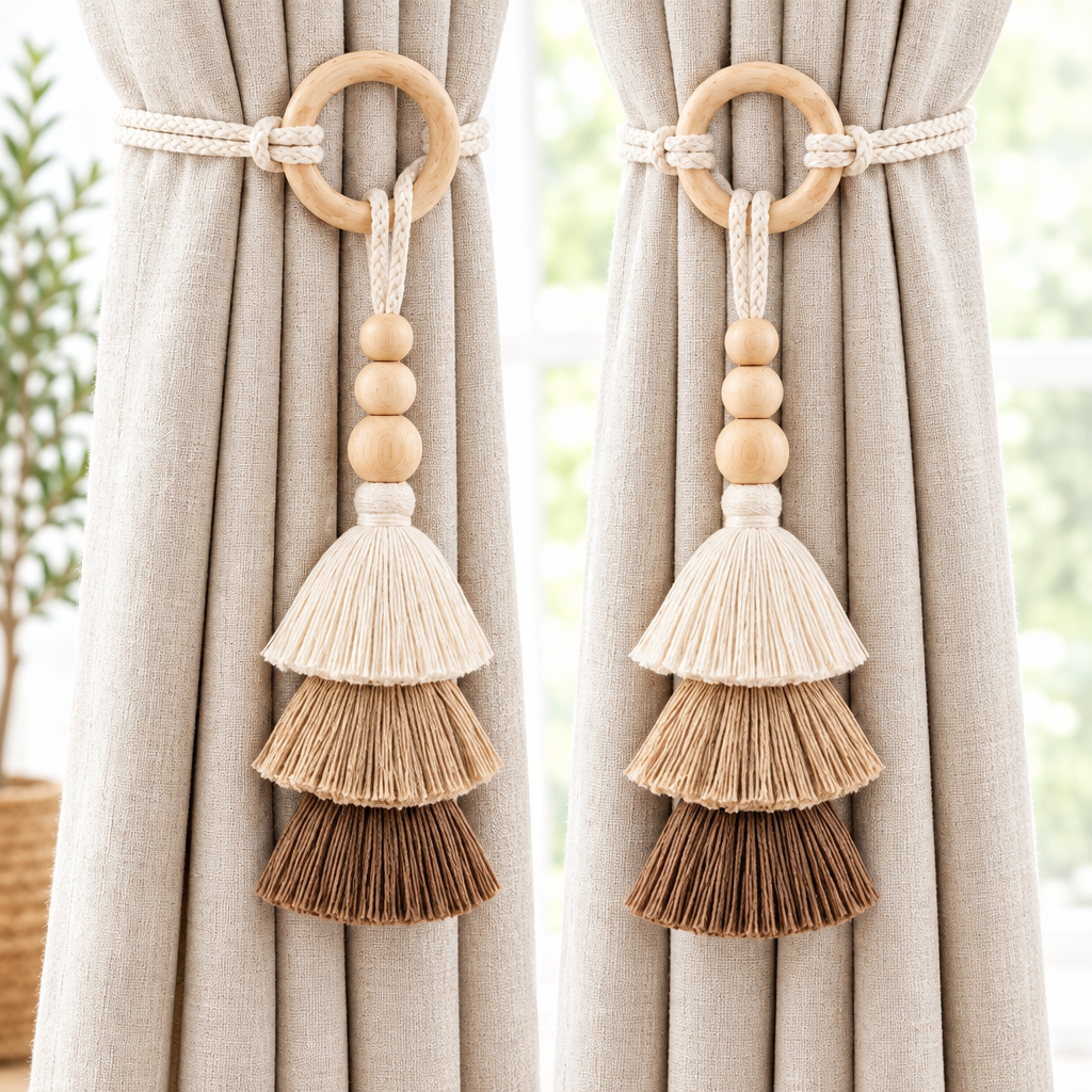 Decorative Ring Curtain Tieback with Layered Fan Shaped Tassels and Wooden Beads