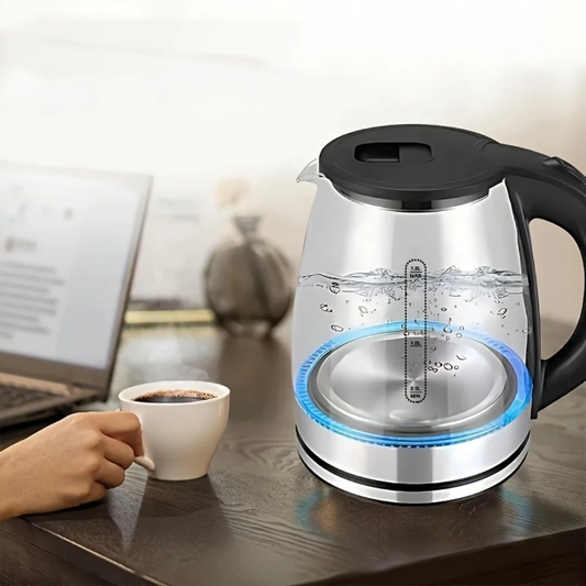 Transparent glass kettle for boiling water and preparing hot beverages