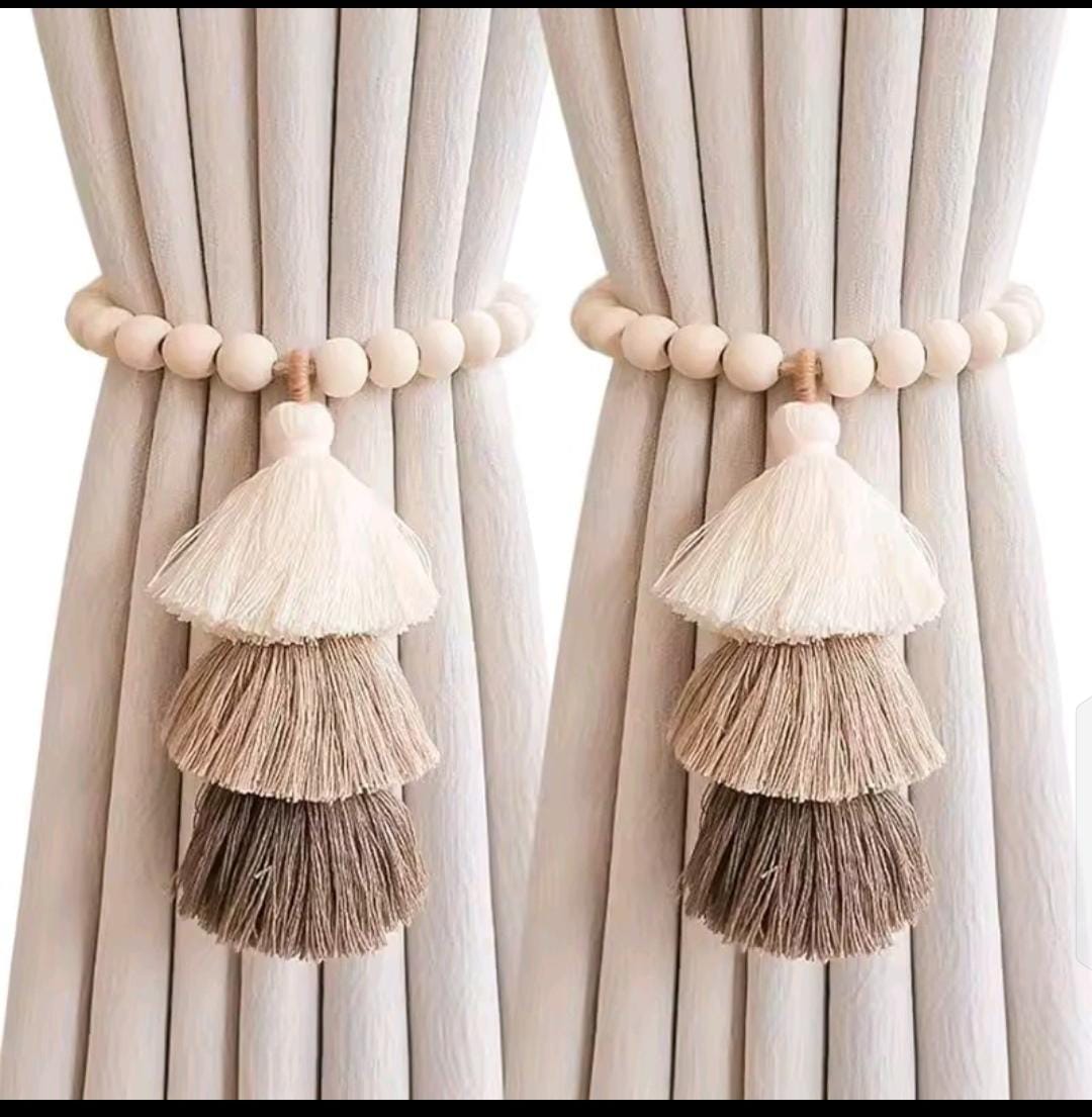 Bohemian style magnetic curtain ties with elastic rope and wooden bead, 2-piece set